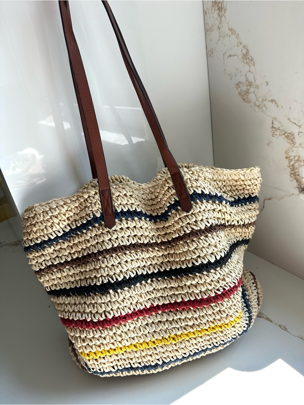 Joe Fresh striped raffia woven straw bag